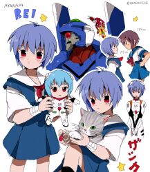Rule 34 | 2girls, ayanami rei, bendedede, blue hair, bodysuit, cat, character doll, doll, fumo (doll), height difference, highres, mecha knuckles, mecha pilot suit, multicolored bodysuit, multiple girls, neon genesis evangelion, plugsuit (evangelion), red eyes, red tie, ribbon, school uniform, short hair, short hair with long locks, signature, white bodysuit, wrist cuffs