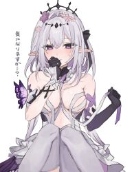 1girl asymmetrical_gloves bare_shoulders between_breasts black_gloves black_tiara breasts bug butterfly castorice_(honkai:_star_rail) elbow_gloves flower gloves hair_flower hair_ornament highres honkai:_star_rail honkai_(series) insect long_hair looking_at_viewer pointy_ears purple_butterfly purple_eyes purple_hair rekka_shinai simple_background single_elbow_glove solo sweatdrop thighhighs tiara translation_request uneven_gloves unraveling white_background