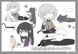 ... 2girls animalization ascot bare_arms bird bird_on_hand black_cat black_eyes black_hair black_shirt border box brown_capelet bunting capelet cat chinese_commentary closed_mouth coffee collared_shirt commentary_request corallo cup frown grey_border grey_eyes grey_hair hand_up haru_(len&#039;en) holding holding_paper instrument keyboard_(instrument) len&#039;en long_hair long_sleeves medium_hair multiple_girls multiple_views open_mouth paper paw_print petting purple_scarf purple_shirt scarf shirt shitodo_hoojiro short_sleeves sidelocks smile spoken_ellipsis steam table watermark weibo_watermark white_background yellow_ascot zipper