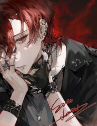 1boy belt black_gloves black_jacket black_nails bracelet chain chain_necklace collar dur67582477 ear_piercing earrings face_piercing gloves grey_shirt hair_ornament hairclip highres jacket jewelry leather leather_collar leather_jacket looking_at_viewer male_focus medium_hair mouth_piercing necklace original parted_bangs parted_lips piercing red_background red_hair ring shirt signature solo spiked_collar spikes tears teeth torn_clothes torn_shirt upper_body