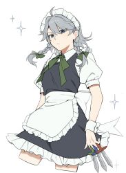 1girl apron back_bow between_fingers blue_eyes bow braid commentary green_bow grey_hair hair_bow highres holding holding_knife izayoi_sakuya knife knives_between_fingers long_hair looking_at_viewer maid maid_headdress puffy_short_sleeves puffy_sleeves sakic43899 short_sleeves solo touhou twin_braids waist_apron white_apron white_bow wrist_cuffs
