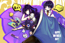 Rule 34 | ..., 1boy, 1girl, adapted costume, aged down, alternate costume, black shirt, black skirt, black undershirt, blanket, blue hair, blunt bangs, blunt ends, book, bracelet, breasts, brown pantyhose, cellphone, closed eyes, closed mouth, clothing cutout, contemporary, covering with blanket, earrings, electro symbol (genshin impact), eyeliner, eyeshadow, facing to the side, feathers, flip phone, flower earrings, genshin impact, head on pillow, highres, holding, holding blanket, hood, hood down, hoodie, id card, jewelry, lanyard, large breasts, layered sleeves, long hair, looking at another, low-braided long hair, low-tied long hair, lying, makeup, mitsudomoe (shape), mole, mole under eye, momogourami, mother&#039;s day, mother and son, multicolored hair, office lady, on bed, on side, open book, open hand, pantyhose, pencil skirt, phone, picture book, pillow, pink lips, purple eyes, purple hair, purple sleeves, raiden shogun, red eyeliner, red eyeshadow, scaramouche (cat) (genshin impact), scaramouche (genshin impact), scaramouche (kabukimono) (genshin impact), shirt, short sleeves, shoulder cutout, sidelocks, skirt, slime (genshin impact), spoken ellipsis, spoken food, spoken sweatdrop, spoken zzz, streaked hair, string, stuffed animal, stuffed toy, sweatdrop, tomoe (symbol), turtleneck, turtleneck shirt, white hood, white hoodie, white sleeves, yellow background, yellow feathers, zzz