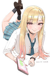 1girl 2025 black_choker black_shoes blonde_hair blue_necktie bracelet breasts brown_shoes cellphone choker collared_shirt conto eyelashes hair_between_eyes holding holding_phone jewelry kitagawa_marin large_breasts loafers long_hair looking_at_viewer lying mixed-language_commentary nail_polish necktie on_stomach phone pink_nails plaid_clothes plaid_skirt pleated_skirt red_eyes ring shirt shoes signature simple_background skirt solo sono_bisque_doll_wa_koi_wo_suru white_background white_shirt