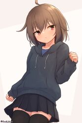 1girl :/ ahoge black_hoodie black_skirt black_thighhighs blue_shirt brown_hair centi_mnkt clenched_hands collarbone commentary_request cowboy_shot cowlick drawstring dutch_angle eye_reflection from_below hair_between_eyes highres hood hood_down hoodie light_blush long_sleeves looking_to_the_side original pleated_skirt red_eyes reflection shirt short_hair simple_background skirt sleeves_past_wrists solo thighhighs white_background