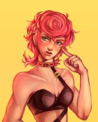 Rule 34 | 1girl, absurdres, black bra, blue eyes, bra, choker, closed mouth, commentary, dated, hair between eyes, highres, jojo no kimyou na bouken, kingofwhitelies, looking to the side, pink hair, pink nails, short hair, simple background, solo, trish una, underwear, upper body, vento aureo, yellow background