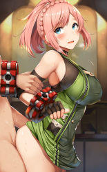 1boy 1girl arm_held_back bare_shoulders belko black_gloves blue_eyes blush braid breasts clothed_sex crown_braid cuffs daiba_canon dress fingerless_gloves gloves god_eater god_eater_burst green_dress hetero highres large_breasts looking_at_viewer looking_back open_mouth pink_hair ponytail sex sex_from_behind short_hair sidelocks standing standing_sex sweat thighs