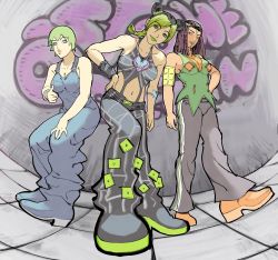 3girls armband black_hair black_pants blue_eyes braid braided_ponytail breasts double_bun dreadlocks ermes_costello facial_mark finger_gun fisheye foo_fighters_(jojo) giganticbuddha graffiti green_eyes green_hair green_lips hair_bun hand_on_own_hip hand_on_own_knee highres jojo_no_kimyou_na_bouken kuujou_jolyne medium_breasts multiple_girls navel orange_eyes overalls pants perspective pointing pointing_at_viewer puckered_lips short_hair single_braid stone_ocean tattoo wristband