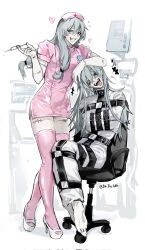 2boys alternate_costume barefoot blue_eyes blue_hair da_re666 dress dual_persona fangs full_body grin hair_down hat heart heterochromia high_heels highres holding holding_syringe hospital jujutsu_kaisen latex latex_thighhighs long_hair low-tied_long_hair mahito_(jujutsu_kaisen) male_focus messy_hair multiple_boys name_tag nurse nurse_cap pale_skin pink_dress pink_thighhighs shoes short_sleeves smile stitched_arm stitched_face stitched_groin stitched_leg stitched_neck stitches straitjacket swivel_chair syringe thighhighs tongue tongue_out twitter_username white_background white_shoes yellow_eyes