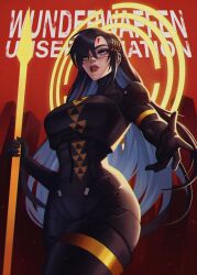 absurdres armor black_armor blue_eyes bodysuit dark_halo falke_(signalis) halo highres holding holding_polearm holding_weapon long_hair polearm signalis skin_tight solo squigglesfc very_long_hair weapon