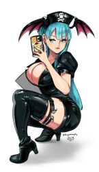 1girl ass black_boots black_jacket black_shorts boots breasts cellphone cleavage d-ryuu darkstalkers demon_girl green_eyes green_hair hat head_wings holding holding_phone huge_breasts jacket jewelry large_breasts leather long_hair looking_at_viewer morrigan_aensland nurse nurse_cap open_clothes open_jacket phone pompompurin sanrio selfie short_shorts shorts smartphone smile solo spandex squatting thigh_boots thighlet wings