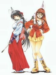 2girls ahoge armor female_focus glasses hakama hakama_skirt highres inoue_sora japanese_armor japanese_clothes kiribayashi_azumi kote long_hair miko multiple_girls naginata official_art polearm real_bout_high_school red_hakama scan school_uniform skirt weapon yuuki_hitomi