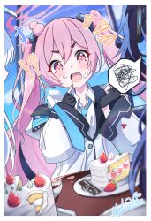 Rule 34 | !?, 3girls, absurdres, aqua necktie, birthday, black gloves, blue archive, blue hair, blue sky, blush, border, cake, cloud, coat, collared shirt, commentary request, day, double-parted bangs, dress shirt, fang, fingerless gloves, food, food on face, fruit, gloves, hair between eyes, halo, happy birthday, highres, jacket, kazami yuuka, koyuki (blue archive), long hair, long sleeves, mechanical halo, multiple girls, necktie, noa (blue archive), open clothes, open coat, open mouth, partially unbuttoned, pink eyes, pink hair, pink halo, plate, shirt, sidelocks, skin fang, sky, solo focus, sparkling eyes, spoken squiggle, squiggle, strawberry, twintails, very long hair, vtitalianlion46, white border, white coat, white hair, white jacket, white shirt, window