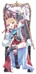 1girl alternate_costume animal_ear_headphones animal_ears black_boots blonde_hair blue_archive blue_bow blue_bowtie boots bow bowtie cape cat_ear_headphones crossed_legs crown fake_animal_ears footwear_bow frilled_skirt frills full_body gloves hair_bow halo headphones highres holding holding_scepter king knee_boots long_sleeves medium_hair momoi_(blue_archive) open_mouth pink_halo red_bow red_eyes red_skirt scepter simple_background sitting sitting_on_throne skirt smug solo throne twitter_username usaginoakubi802 white_background white_gloves