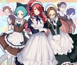 3boys 3girls alternate_costume alternate_hairstyle apron aqua_hair black-framed_eyewear black_bow black_dress black_hair blue_hair blush bow brown_dress brown_eyes brown_hair commentary_request crossdressing crossed_arms dress enmaided fushimi_chihiro hair_bow hair_over_one_eye hiraga_keisuke juliet_sleeves kirijou_mitsuru lips long_hair long_sleeves looking_at_viewer maid maid_apron maid_headdress multiple_boys multiple_girls odagiri_hidetoshi one_eye_covered persona persona_3 pitk ponytail puffy_sleeves red_eyes red_hair red_lips short_hair v very_long_hair waist_apron white_apron yamagishi_fuuka yuuki_makoto_(persona_3)