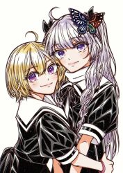 2girls ahoge assault_lily black_bow black_ribbon black_skirt blonde_hair blush bow butterfly_hair_ornament closed_mouth commentary_request cropped_jacket grey_hair hair_between_eyes hair_bow hair_ornament heads_together height_difference high-waist_skirt highres hug imagawa_homare light_particles long_hair looking_to_the_side mole mole_under_eye multiple_girls neck_ribbon puffy_short_sleeves puffy_sleeves purple_eyes ribbon sail_(clipper_67) school_uniform seike_tomoyo short_hair short_sleeves simple_background skirt smile standing two_side_up upper_body wavy_hair white_background yuri yurigaoka_girls_academy_school_uniform