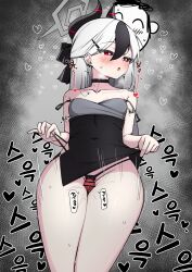 1boy 1girl absurdres bar_censor black_bow black_choker black_horns black_panties blue_archive blush bow breasts breath censored choker clothes_lift collarbone commentary_request covered_navel demon_horns doodle_sensei_(blue_archive) dress dress_lift ear_piercing earrings fat_mons frontal_wedgie grey_hair grey_halo hair_between_eyes hair_bow halo hapy_(parkhyunjae9494) heart hetero highres horns jewelry kayoko_(blue_archive) kayoko_(dress)_(blue_archive) korean_commentary korean_text lifting_own_clothes long_hair mole mole_on_neck motion_lines multicolored_hair necklace official_alternate_costume open_mouth panties panty_lift panty_pull penis piercing precum red_eyes self_wedgie sensei_(blue_archive) single_wing sitting sleeves_past_wrists small_breasts spoken_heart strap_slip streaked_hair string_panties studded_choker sweat thigh_sex thighs underwear wedgie wings