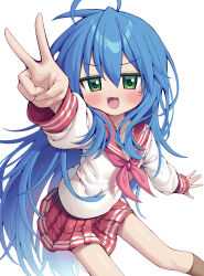 1girl :3 ahoge blue_hair breasts brown_socks commentary green_eyes highres izumi_konata kneehighs long_hair long_sleeves looking_at_viewer lucky_star metaljelly miniskirt mole mole_under_eye neckerchief open_mouth pink_neckerchief pink_sailor_collar pink_skirt pleated_skirt puffy_long_sleeves puffy_sleeves sailor_collar school_uniform serafuku shirt skirt small_breasts socks v very_long_hair white_shirt