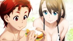 1boy 1girl asymmetrical_bangs bare_shoulders beach bikini blue_eyes blurry blurry_background bra breasts brown_hair cleavage collarbone crumbs day ears_visible_through_hair eating floral_print food game_cg hair_between_eyes highres holding holding_food lettuce long_hair looking_at_another looking_at_food medium_breasts no_shirt official_art outdoors pectorals red_eyes red_hair robotics;notes sand sandwich short_hair smile swimsuit tennouji_nae underwear white_bikini