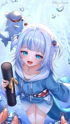 1girl bare_legs bloop_(gawr_gura) blue_eyes blue_hair blunt_bangs blush ebi-chan_(gawr_gura) fins fish_tail gawr_gura gawr_gura_(1st_costume) hair_ornament highres holding hololive hololive_english hood hoodie long_hair long_sleeves looking_at_viewer miko_no_kamiko multicolored_hair open_mouth shark_girl shark_tail sharp_teeth smile solo streaked_hair tail tears teeth underwater virtual_youtuber white_hood white_hoodie
