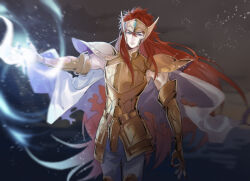 1boy aquarius_camus armor blue_eyes blue_gemstone cape cowboy_shot cryokinesis expressionless fetonmax forehead_jewel gem gold_armor gold_cloth gold_helmet gold_saint hand_up highres ice long_hair looking_at_viewer male_focus outstretched_hand pauldrons red_hair saint_seiya shoulder_armor solo white_cape