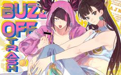 2girls asymmetrical_bangs capcom chun-li crop_top earrings hair_over_one_eye hair_through_hood han_juri jewelry long_hair middle_finger multicolored_hair multiple_girls official_alternate_costume official_alternate_hairstyle onesie sitting smile squatting streaked_hair street_fighter street_fighter_6 twintails wristband yumi_xsh