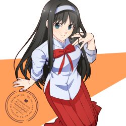 1girl black_hair blue_eyes breasts hairband highres hirakawa long_skirt medium_breasts pleated_skirt red_skirt shirt simple_background sitting skirt solo tohno_akiha tsukihime white_background white_hairband white_shirt