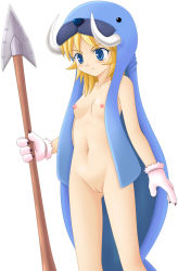 1girl blonde_hair blue_eyes blush claws cleft_of_venus female_focus flat_chest groin harpoon highres latale loli miracle! navel nipples pussy selki simple_background solo standing uncensored walrus weapon white_background