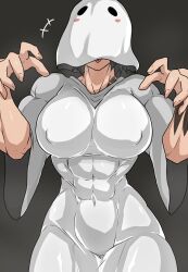 1girl abs absurdres arm_tattoo black_background black_hair breasts chest_tattoo covered_abs covered_erect_nipples covered_face dress ghost_costume ghost_mask halloween highres large_breasts looking_at_viewer muscular muscular_female original reaching reaching_towards_viewer simple_background tattoo tongue tongue_out white_dress wide_sleeves zokusuke