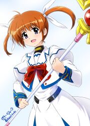1girl bow bowtie brown_hair commentary_request diesel-turbo dress hair_ribbon highres holding juliet_sleeves long_hair long_sleeves looking_at_viewer lyrical_nanoha magical_girl mahou_shoujo_lyrical_nanoha puffy_sleeves purple_eyes raising_heart red_bow red_bowtie ribbon smile solo standing takamachi_nanoha twintails white_dress