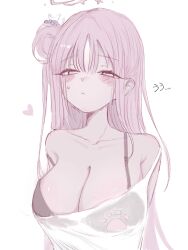 1girl bikini bikini_under_clothes black_bikini blue_archive blush breasts collarbone commentary hair_bun heart highres large_breasts long_hair looking_at_viewer mika_(blue_archive) okogeyu pink_hair see-through_clothes see-through_shirt shirt simple_background single_side_bun solo sweatdrop swimsuit upper_body very_long_hair white_background white_shirt yellow_eyes