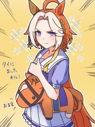 Rule 34 | 1girl, ahoge, animal ears, bow, bowtie, ear covers, echieichi, emphasis lines, hair intakes, hair ornament, highres, holding, holding stuffed toy, horse ears, horse girl, horseshoe ornament, long hair, looking at viewer, multicolored hair, orange hair, orfevre (racehorse), orfevre (umamusume), photo-referenced, pleated skirt, puffy short sleeves, puffy sleeves, purple bow, purple bowtie, purple eyes, purple shirt, sailor collar, sailor shirt, school uniform, shirt, short sleeves, simple background, single ear cover, skirt, solo, sparkle, stuffed toy, thumbs up, tracen school uniform, two-tone hair, umamusume, white hair, white skirt, yellow background