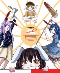 4girls :d alinoce716 ambiguous_red_liquid animal_ears barefoot black_jacket bloomers blue_dress blue_hair blush brown_eyes brown_hair brown_headwear cabbie_hat chinese_zodiac collared_shirt commentary_request crescent crop_top crossed_legs dango dress feet_out_of_frame floppy_ears food full_body grin hair_between_eyes hat highres inaba_tewi jacket kagami_mochi kine long_hair looking_at_viewer mallet multiple_girls necktie open_mouth orange_shirt purple_hair rabbit_ears rabbit_girl red_eyes red_necktie reisen_udongein_inaba ringo_(touhou) seiran_(touhou) shirt short_hair short_sleeves shorts skirt smile star_(symbol) sunburst sunburst_background touhou underwear wagashi white_bloomers white_shirt year_of_the_rabbit yellow_shorts yellow_skirt