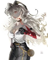 1girl absurdres arm_strap artist_logo bare_shoulders black_choker black_gloves black_horns black_pants blonde_hair breasts bright_pupils button_gap choker collarbone commentary cowboy_shot curled_horns earrings gloves high-waist_pants highres horns jewelry jsebaxx key_earrings large_breasts logo long_hair looking_at_viewer mole mole_under_eye necktie necktie_around_wrists pants parted_lips red_eyes red_necktie shirt simple_background solo torn_clothes torn_shirt white_background white_pupils white_shirt wuthering_waves zani_(wuthering_waves)