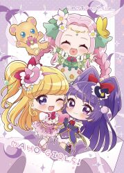 Rule 34 | 3girls, bear, blonde hair, braid, chibi, chibi only, closed mouth, cure felice, cure magical, cure miracle, highres, long hair, mahou girls precure!, multiple girls, open mouth, ponytail, precure, purple eyes, purple hair, smile, twin braids, umiyuki (umi chu), very long hair