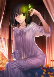 1girl arm_at_side arm_support arm_up bed black_eyes black_hair bob_cut breasts canopy_bed cork fate/grand_order fate_(series) feet_out_of_frame flat_snark game_cg glowing hand_up holding holding_test_tube indoors koyama_hirokazu kuonji_alice nightgown official_art on_bed parted_lips purple_ribbon ribbon short_hair sitting small_breasts solo test_tube third-party_source three-quarter_sleeves white_nightgown