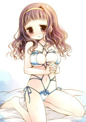 Rule 34 | 1girl, bdsm, bikini, blush, bondage, bound, breasts, brown eyes, brown hair, collarbone, female focus, hairband, higanbana no saku yoru ni, kusunoki midori, long hair, navel, own hands clasped, own hands together, raised eyebrows, sakurazawa izumi, shibari, shibarikini, sitting, solo, swimsuit