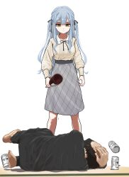 Rule 34 | 1boy, 1girl, asahi breweries, bang dream!, bang dream! it&#039;s mygo!!!!!, barefoot, beer can, black pants, black ribbon, black shirt, blue hair, braid, brand name imitation, can, closed mouth, commentary, domestic violence, drink can, father and daughter, fox (tjwls66), grey skirt, hair ribbon, hands on own head, highres, korean commentary, long hair, long sleeves, lying, neck ribbon, pants, ribbon, shirt, shirt tucked in, sidelocks, skirt, standing, togawa kiyotsugu, togawa sakiko, two side up, white shirt, yellow eyes