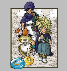 2boys belt black_hair blonde_hair blue_eyes blue_tunic boots border borongo bracelet cape child cloak closed_mouth cloud cloudy_sky dragon_quest dragon_quest_v father_and_son full_body great_sabrecub grey_border hero&#039;s_son_(dq5) hero_(dq5) highres jewelry long_hair looking_at_another low_ponytail multiple_boys open_mouth outdoors outside_border ponytail purple_cape purple_cloak purple_turban she-slime sky slime_(dragon_quest) smile spiked_hair sword tcgf_04 tunic walking weapon weapon_on_back white_tunic