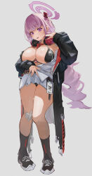 1girl absurdres bikini black_bikini black_coat black_shoes black_socks blue_archive breast_zipper breasts coat commentary eimi_(blue_archive) fingernails full_body gauze_on_knee grey_background halo hand_up headphones headphones_around_neck highres kneehighs kuriband1 large_breasts long_hair long_sleeves looking_at_viewer open_clothes open_mouth pink_eyes pink_hair pink_halo shoes simple_background smile socks solo swimsuit zipper_bikini