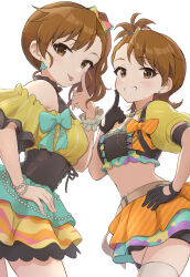 Rule 34 | 2girls, :p, black gloves, blush, bow, brown eyes, brown hair, commentary request, futami ami, futami mami, gloves, hair bow, hand on own hip, highres, idolmaster, idolmaster (classic), index finger raised, looking at viewer, midriff, multiple girls, navel, orange skirt, short hair, shuucream (syuichi), siblings, simple background, sisters, skirt, smile, thighhighs, thighs, tongue, tongue out, twins, white background, white thighhighs, zettai ryouiki