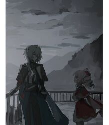 1boy 1girl anaxa_(honkai:_star_rail) aqua_hair beret black_jacket black_pants cloud cloudy_sky dress eyepatch hat highres honkai:_star_rail honkai_(series) hyacine_(honkai:_star_rail) inagoinaire jacket looking_at_another one_eye_covered pants pink_hair red_dress red_hat side_ponytail sky standing twintails