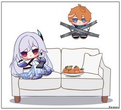1boy 1girl aged_down artist_name blue_eyes bowl chibi child closed_mouth commentary controller couch dress duct_tape earrings food fruit genshin_impact grey_hair hair_ornament highres jewelry kid_taped_to_wall_(meme) long_hair long_sleeves meme on_couch orange_(fruit) orange_hair pillow pink_eyes prosthesis prosthetic_arm prosthetic_leg remote_control short_hair simple_background skirk_(genshin_impact) tape tartaglia_(genshin_impact) unosavy white_background white_dress