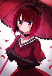 1girl arima_kana black_gloves blush dress fanart_digital gloves open_mouth original petals red_dress red_eyes red_hair red_umbrella rose_petals short_hair solo source_request umbrella wide_sleeves