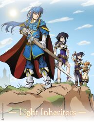 2boys 2girls absurdres ahoge armor bare_legs belt black_hair blue_hair blue_sky boots breastplate brother_and_sister cape castle cliff commission commissioner_upload dress english_text fire_emblem fire_emblem:_genealogy_of_the_holy_war gloves grass hair_ornament hairclip headband highres holding holding_sword holding_weapon lana_(fire_emblem) larcei_(fire_emblem) long_hair multiple_boys multiple_girls nintendo orange_hair primogenitor34 scathach_(fire_emblem) seliph_(fire_emblem) sheath sheathed short_hair shoulder_armor siblings sidelocks sky staff standing sun sword twins weapon weapon_on_back