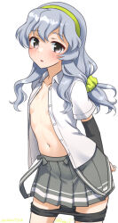 arm_warmers bike_shorts blush bow bowtie braid clothes_pull cowboy_shot green_bow green_bowtie green_hairband grey_eyes grey_hair grey_skirt hair_flaps hairband kantai_collection long_hair looking_at_viewer open_clothes open_mouth open_shirt plaid_bow plaid_bowtie plaid_clothes ray.s school_uniform shirt shorts shorts_pull single_braid skirt smile stomach suspender_skirt suspenders wavy_hair white_background yamagumo_(kancolle)