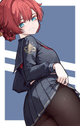 1girl absurdres alternate_costume ass black_pantyhose black_serafuku black_shirt black_skirt blue_eyes breasts clothes_lift commentary cowboy_shot danjin_(wuthering_waves) english_commentary folded_braid from_side grin highres long_sleeves looking_at_viewer looking_to_the_side md5_mismatch medium_breasts neckerchief pantyhose red_hair red_neckerchief ryeon_(naturesan) school_uniform serafuku shirt short_hair skirt skirt_lift smile solo wuthering_waves