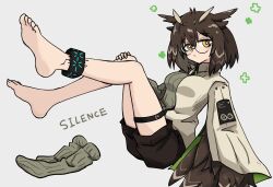 Rule 34 | 1girl, arknights, bare legs, barefoot, breasts, brown hair, english text, expressionless, feather hair, feet up, full body, glasses, grey background, highres, infection monitor (arknights), long sleeves, looking at viewer, material growth, medium breasts, orange eyes, oripathy lesion (arknights), owl ears, owl girl, rhine lab (arknights), rhine lab logo, roika, short hair, shorts, silence (arknights), simple background, sitting, thigh strap, unworn legwear