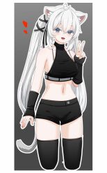 1girl :d ahoge animal_ear_fluff animal_ears arm_warmers bare_shoulders black_bra black_ribbon black_shirt black_shorts black_sleeves black_thighhighs blue_eyes blush border bra breasts cat_ears cat_girl cat_tail collarbone colored_eyelashes covered_collarbone cowboy_shot crop_top cropped_legs detached_sleeves grey_background hair_between_eyes hair_ribbon halterneck hand_up heart highres long_hair looking_at_viewer medium_breasts midriff navel open_mouth outline ribbon shirt short_shorts shorts sidelocks simple_background sio_(vrchat) sleeveless sleeveless_shirt sleeves_past_wrists smile solo standing stomach suzuki-shi tail thighhighs twintails underwear v very_long_hair vrchat white_border white_hair white_outline