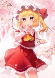 Rule 34 | 1girl, ascot, blonde hair, blush, branch, cherry blossoms, collared shirt, commentary request, covering own mouth, cowboy shot, falling petals, flandre scarlet, flower, frilled shirt collar, frilled skirt, frills, hat, hat ribbon, highres, holding, holding flower, long sleeves, looking at viewer, mob cap, petals, pink flower, red eyes, red ribbon, red skirt, red vest, ribbon, ruhika, shirt, skirt, solo, touhou, vest, white hat, white shirt, yellow ascot
