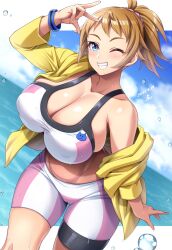1girl bike_shorts blue_eyes blush breasts brown_hair commentary_request commission dated gundam gundam_build_fighters gundam_build_fighters_try highres hoshino_fumina huge_breasts looking_at_viewer midriff one_eye_closed ponytail scrunchie short_hair skeb_commission smile solo sports_bra two-tone_sports_bra yoohi